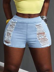 Slaydiva Shorts vaqueros desgastados y sexys para mujer - Azul - Ver 6