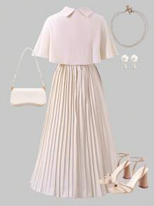 Sweetra Young 2pcs Women/Teen Elegant Commuter Style Pleated Dress With Shawl, Spring/Summer