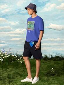 SHEIN Touch of Art 男士蓝色圆领鸢尾花图案短袖T恤 - 寶藍色 - 查看 3