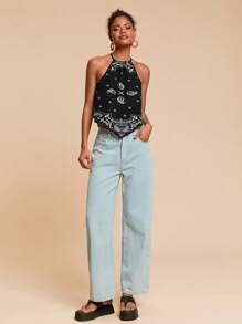 Travachic Vacation Woven Paisley Floral Women's Asymmetric Hem Halter Neck Tank Top - Black and White - View 5