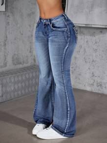 Jeanoix 女式超低腰刺绣喇叭牛仔裤