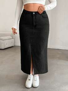 RueChic Plus High Waist Front Slit Denim Skirt - Black - View 4