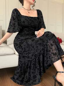 DAZY Đầm nữ dài đến bắp chân, cổ vuông, xếp ly, chất liệu chiffon in hoa, thích hợp cho ngày Valentine, trang phục đi học hoặc đi nghỉ mát. - màu đen - Xem 8