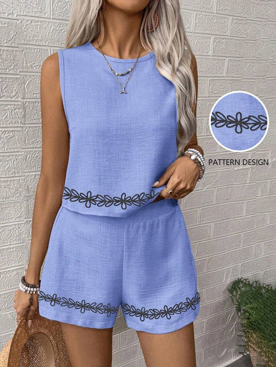 EMERY ROSE Women's Woven Leisure Vacation Summer Two Pieces Set - Blue - View 1