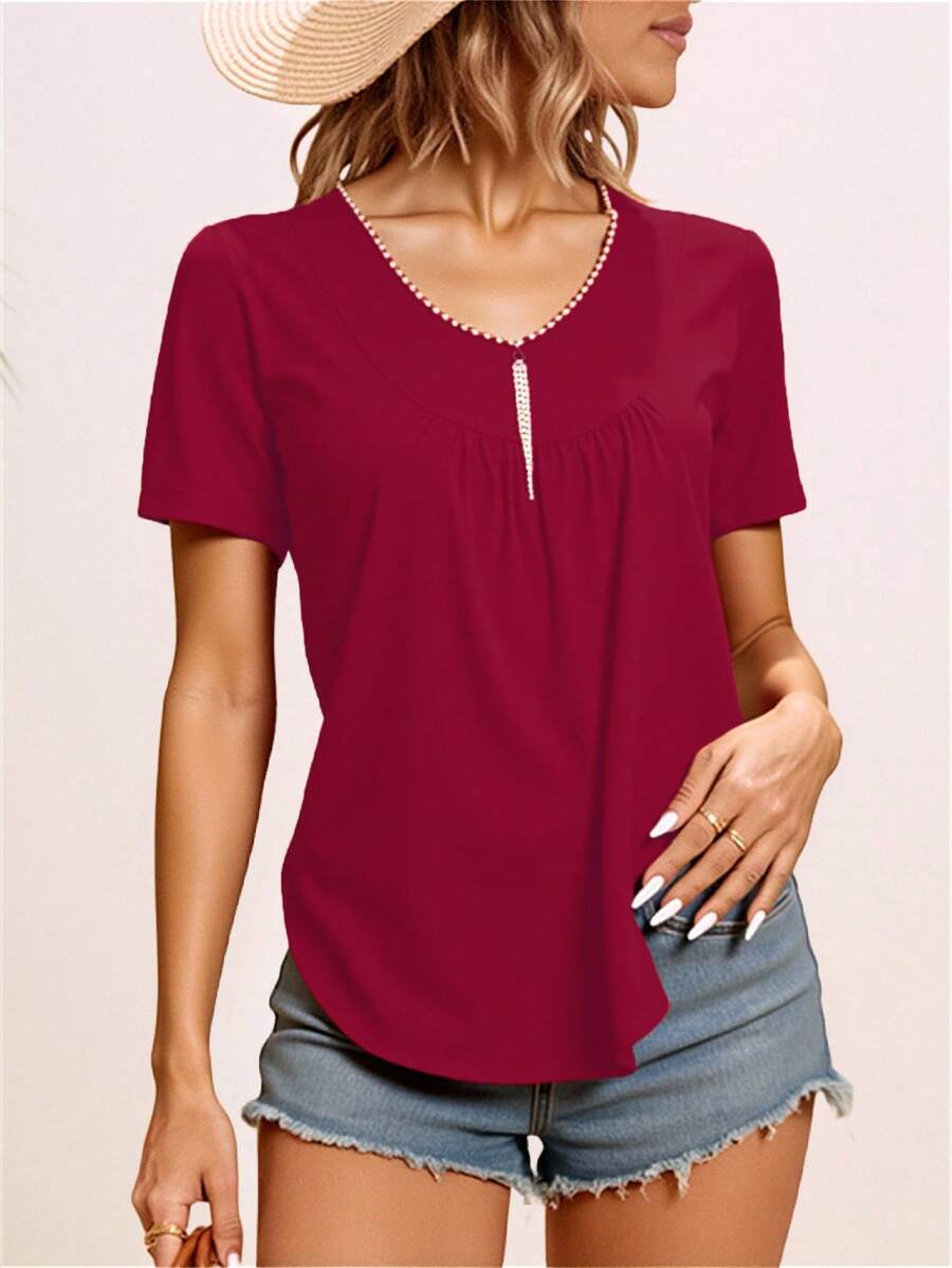 SHEIN LUNE 女士休闲度假水晶装饰短袖衬衫 - 紅色 - 查看 1