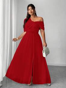 Elenzga 大码女士优雅浪漫婚礼派对礼服，雪纺单肩开衩长裙，适合春、秋、冬季穿着 - 紅色 - 查看 5