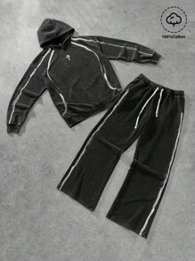 Manfinity Streetrush Set de 2 piezas de sudadera con capucha estilo callejero para hombres jóvenes, diseño de corte amplio con bolsillos, tela de algodón con lavado desgastado, para uso casual deportivo y diario, regalo unisex para días festivos.