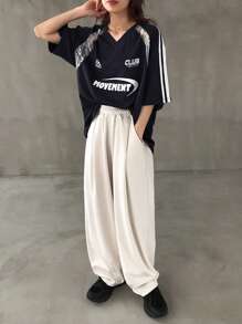 FRIFUL Women's V-Neck Letter Print Lace Splice Contrast Stripe Raglan Sleeve Loose Casual Versatile T-Shirt, Women Beach Wear