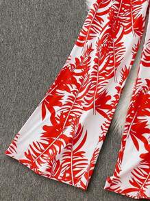 Women's Vacation Casual Solid Color Lantern Sleeve Shirt & Tropical Print Pants 2 Pieces Set Fall Cloth For Women - Red - View 3