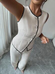 Elenzga 波西米亚风雪纺拼色波浪肩带无袖短款上衣和松紧腰阔腿裤 2 件套，适合女士春夏 - 杏色 - 查看 6