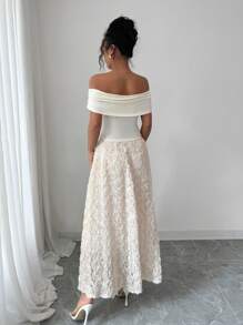Elenzga Vestido midi elegante de alta gama de línea A con hombro asimétrico elástico de punto, cintura asimétrica, aplicación de flor de rosa 3D y bajo acampanado, adecuado para fiesta, festival, vacaciones, en color crema francés albaricoque - Albaricoque - Ver 4