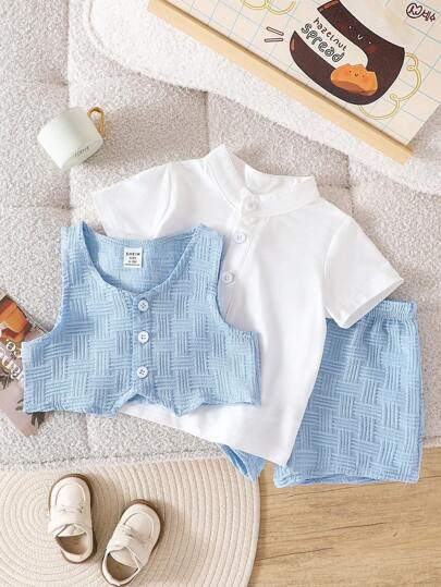 SHEIN 3 件套男婴绅士装，包括：1 件米色 Polo 衫、1 件红色提花背心、1 条红色提花短裤，夏季套装适合开斋节派对、晚会、婚礼、洗礼、典礼和生日等正式场合，适合 6 个月至 3 岁的幼儿男孩