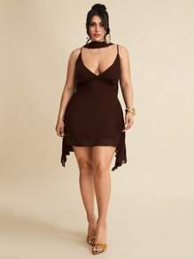 SHEIN BAE Vestito mini elegante in nero tinta unita con scollo a V profondo e nastro, adatto per appuntamenti quotidiani, uscite serali, discoteche, feste, raduni, cocktail festa, tute da vacanza, feste in piscina, abbigliamento da ufficio, abiti da pendolare