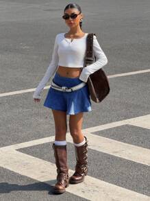 SHEIN EZwear Váy Mini Denim Ngắn Thời Trang Thiết Kế Nút Bên Hông Cho Nữ - Rửa trung bình - Xem 3