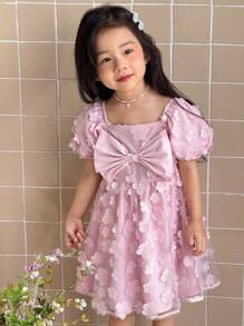 SHEIN Young Girl Square Neck Hollow-Out Loose Casual Dress - Pink - View 6