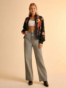 CAJUNI Women's Floral Print Long Sleeve Zip Front Lightweight Jacket In Fall/Winter - Black - View 6