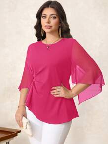 Reflora Áo kiểu dáng thanh lịch, màu trơn, tay loe, cỡ lớn, thích hợp mùa hè, công sở, dành cho nữ giáo viên, dịp Lễ Tình nhân. - Màu Hồng Tươi - Xem 4