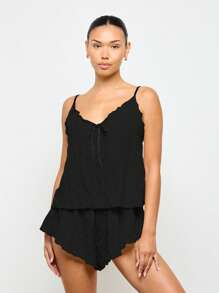 AiiRZ Set de pijama de vară cu volane texturate, cu decolteu în V, pijamale de noapte, pijamale de casă, pijamale de primăvară și toamnă, camisol