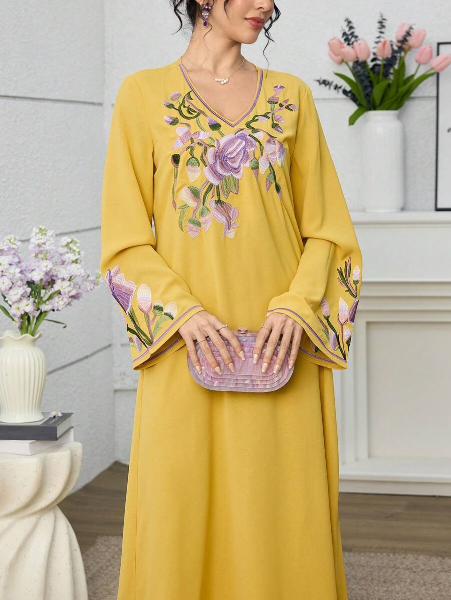 Al Najma 女士花卉刺绣V领宽松阿拉伯风格长袖连衣裙 - 黃色 - 查看 1