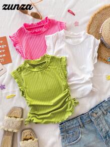 3pcs/Pack Tween Girl Casual Elegant Basic Camisole Multi-Pack, Knitted Vest With Ruffle, Bow Decor In Pink, Green, White, Suitable For Outing, Vacation, Casual Wear, Spring/Summer Ribbed Summer Tops Summer Tops For Girls, School, Campus, College - Multicolor - View 8