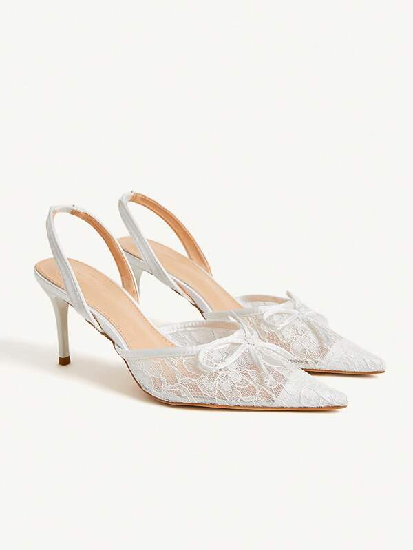 CUCCOO CHICEST Pantofi cu toc înalt și vârf ascuțit pentru femei, vară nouă, dantelă brodată cu fundă, elegantă, romantică, din dantelă albă, plasă, stil feminin, petrecere, nuntă, mireasă, pantofi cu toc înalt pentru ceaiul de după-amiază, întâlnire, petrecere, nuntă