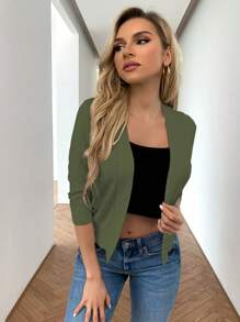 Pariaura Women Solid Color V-Neck Short Sleeve Cardigan - Army Green - View 4