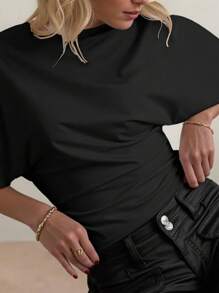 Rina Fox Damen Sommer einfarbiges T-Shirt mit rundem Ausschnitt, Fledermausärmeln und locker taillierter Form