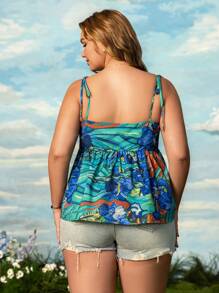 SHEIN Touch of Art Plus Size Women's Summer Casual Vacation Vibe "Touch Of Art" Painting Print Frill Trim Knot Shoulder Babydoll Cami Top - Green - View 2