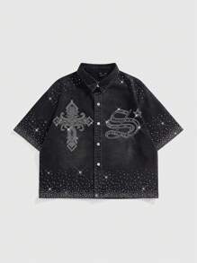 ROMWE MEN Street Life Camisa vaquera de hombre con adornos de rhinestones, de moda para el verano - Negro - Ver 7