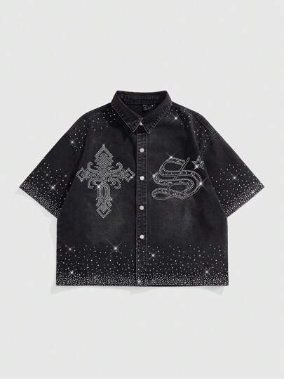 Street Life Men's Rhinestone Embellished Cross Denim Shirt, Fashionable For Summer