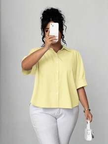 Elenzga Plus Size Women's Elegant Solid Color Puff Sleeve Short Sleeve Shirt, Button-Down Front, A-Line Hem, Spring/Summer - Yellow - View 2