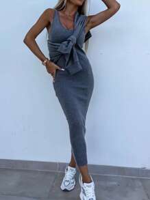 INAWLY 2pcs/Set Casual Solid Color Sweatshirt And Dress Set - Grey - View 5