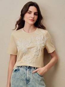 Anewsta 女式花卉刺绣宽松圆领T恤，夏季 - 卡其色 - 查看 6