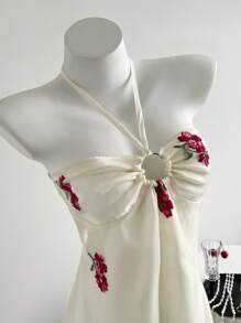 Chiquease Women's Summer Floral Embroidery Vacation Halterneck Cinched Waist Lightweight Organza Mini Dress Hibiscus Dress Embroidered Dress Vintage Dress