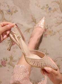 CUCCOO TILAWA 女士尖头水钻装饰细高跟鞋香槟色露背高跟鞋，适合派对和活动 - 香檳色 - 查看 6