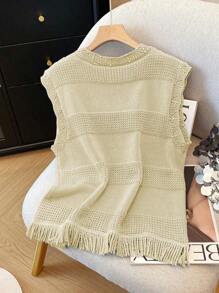 Franclia 纹理拼布贝壳边流苏下摆无袖蓝色针织上衣，适合春夏季休闲风格