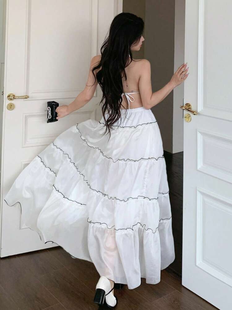 Vacation Outfit Design Chiffon Pleat V-Neck Halter Backless Top & Skirt Set For Women,Women Two Pieces Sets Cruise Outfit For Women