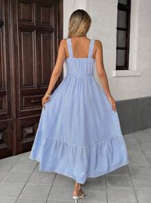 Pariaura Women V-Neck Striped Criss-Cross Dress - Blue - View 3