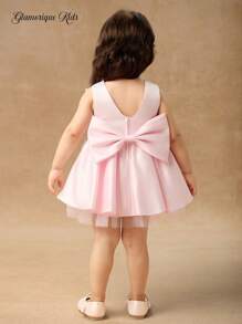 Glamorique Kids 浅粉色缎面花童礼服，丝带蝴蝶结装饰 V 领，优雅高端公主风格，适合婚礼和儿童 - 淺粉色 - 查看 2