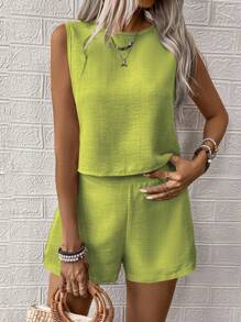 EMERY ROSE 2pcs Women's Summer Solid Color Round Neck Sleeveless Top And Shorts Casual Suit - Green - View 4