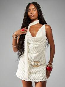 MISSGUIDED Textured Faux Fur Mini Dress Holiday Party Winter Clubwear Choker Neck Statement Halter Sleeveless Bodycon Evening Wedding Guest Occasion Dress - Apricot - View 6