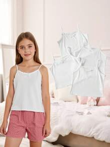 4 件套青少年女孩蕾丝边休闲吊带背心汗衫白色背心女童返校时尚 - 白色 - 查看 6