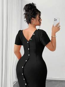 Elenzga Plus Size Summer Elegant Solid Color Ruched Back Button Hem Dress