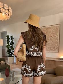 SHEIN Unity Set de 2 pantalones cortos casuales de mujer de primavera con patrón bordado en marrón - Marrón - Ver 2