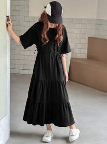 Dazy Kids Teen Girl Summer Solid Color Round Neck 3/4 Sleeve Ruffle Hem Casual Dress