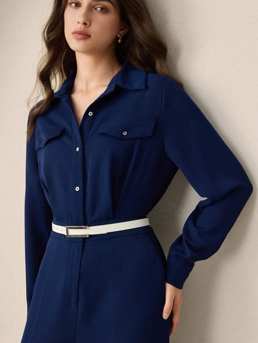 BizChic Traje de una pieza de manga larga con estilo de ropa de trabajo independiente americana retro de los 90, adecuado para invitados de boda, festivales de música country, brunch, aeropuerto, resorts playeros y negocios casuales, nueva colección verano 2025 para mujeres - Azul Marino - Ver 1