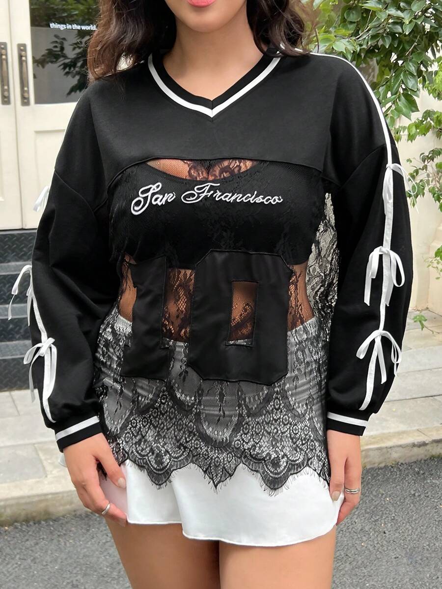 SHEIN EZwear 返校季秋季、音乐会、女士商务休闲、夜间外出生日、科技风、图案印花、蕾丝拼接、长袖圆领、黑白丝带、蝴蝶结装饰、黑色、大码卫衣