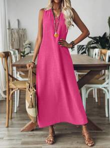 Breezaya 女式 V 领无袖纯色休闲宽松舒适连衣裙长款女装 - 玫紅色 - 查看 4