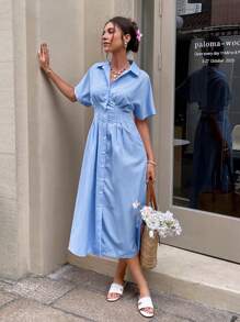 Serisse Robe mi-mollet à manches courtes avec taille cintrée, rayures bleu et blanc classiques pour femmes