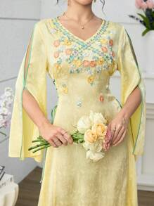 Yasmyna Vestido fluido de manga abullonada con escote en V, aplicaciones florales 3D y volante, color amarillo, para primavera/verano